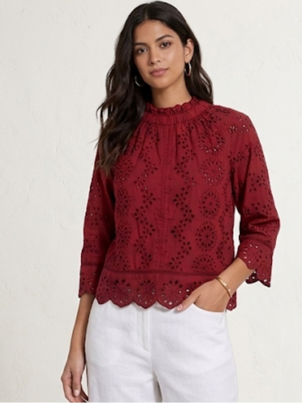 Jennifer & Grace Cotton Eyelet Lace High Ruffled collar 3/4 Sleeve Top Small